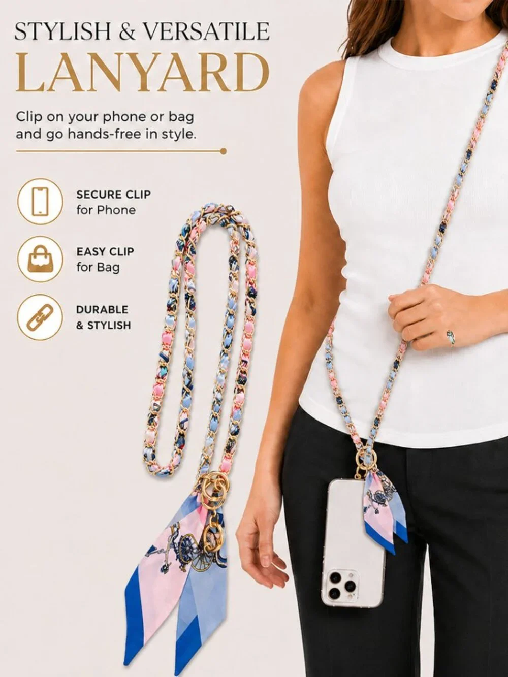 Ribbon Chain Phone Crossbody Lanyard with clear Tether Patch